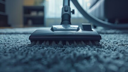 The bristles of a vacuum brush glide over a plush carpet, depicting the daily routine of keeping a clean and tidy home.