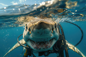  selfie of scuba diver with big white shark smiling at camera, in the style of national geographic photography. Created with Ai