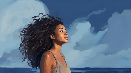 Watercolor Art of an African American Woman Standing Beside an Ocean and a Cloudy Sky