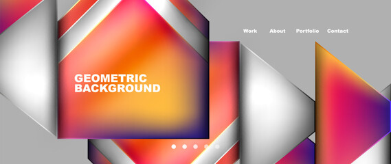 A colorful geometric background featuring squares and triangles in shades of magenta and electric blue on a gray backdrop, perfect for a modern publication or branding design