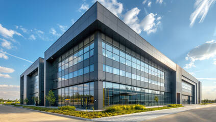 Fototapeta na wymiar A photo of an industrial building with large windows and modern architecture, featuring dark grey metal cladding on the exterior walls. Created with Ai