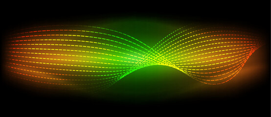 Obraz premium Automotive lighting styled with neon green, yellow, and orange tints and shades create a vibrant pattern against a black background, resembling lens flares in electric blue and magenta hues