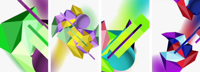 An art event featuring a collage of colorful geometric shapes in hues of electric blue, violet, magenta, and purple on a white background, resembling a petalfilled art font