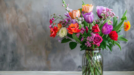 Colorful spring flowers bouquet in a glass jar on a grey background, space on the left