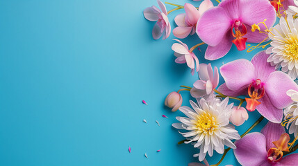 Pink orchids and white chrysanthemums on a blue background, space on the left