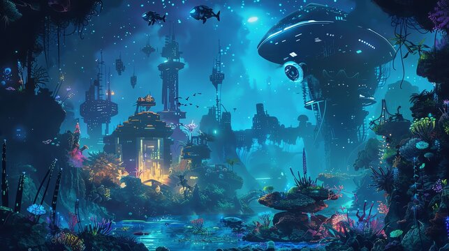 Craft a mesmerizing digital painting of a futuristic underwater landscape from a worms eye view Include sparkling bioluminescent plants, sleek robotic sea creatures, and an ancient sunken city in the