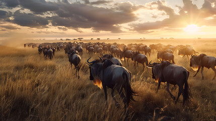A mesmerizing scene unfolds as a herd of wildebeest embark on their annual migration across the sweeping plains of  Kenya,  - obrazy, fototapety, plakaty