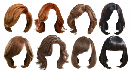pack of different color short woman hair wig png on transparent background