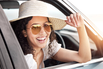 Portrait, smile and woman by car window in sunglasses for travel, vacation or excited tourist on...
