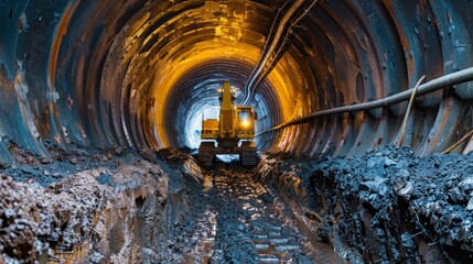 Naklejka premium A large yellow excavator is driving through a tunnel