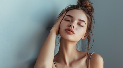 A woman with long brown hair and a ponytail is resting her head on her hand