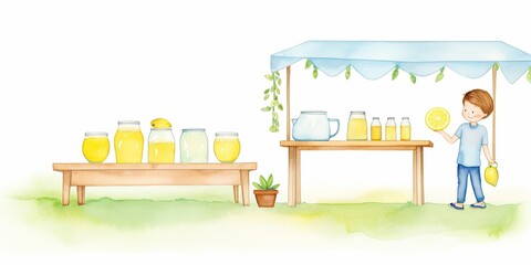 Obraz premium watercolor painting of A boy is selling lemonade at a lemonade stand. He is wearing a blue shirt and white shoes. The stand has a blue awning and there are lemons and jars of lemonade on it.