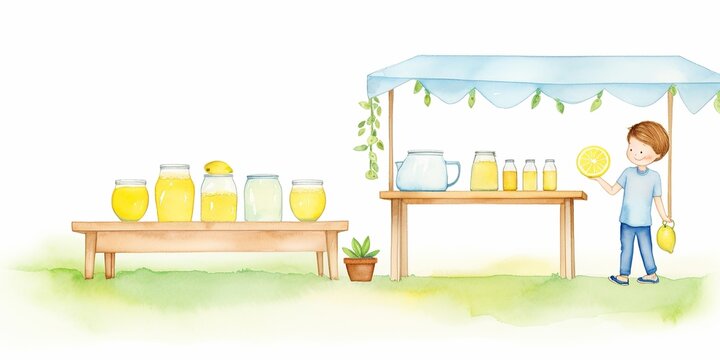 watercolor painting of  A boy is selling lemonade at a lemonade stand. He is wearing a blue shirt and white shoes. The stand has a blue awning and there are lemons and jars of lemonade on it.