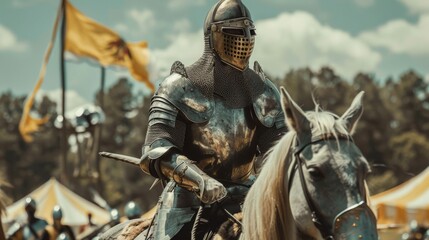 Obraz premium A knight in armor riding a horse at a medieval festival