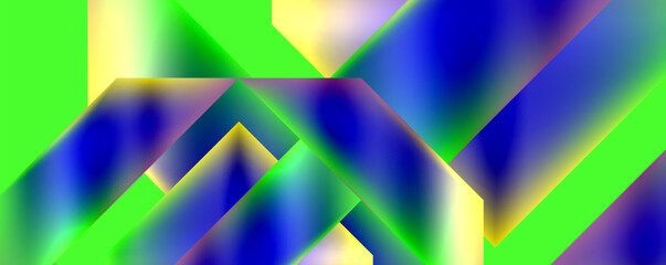 A vibrant artwork featuring a mix of electric blue, magenta, and yellow triangles on a green background, creating a visually appealing pattern with symmetry and colorfulness