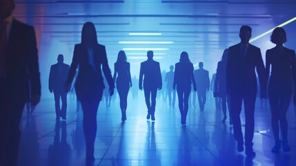 A blurred procession of business professionals captured in silhouette against a futuristic blue-lit corridor.