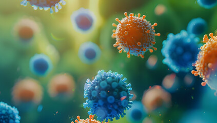 Virus cells in a blue background. Herpes virus or germs microorganism cells under microscope. Infection and microbe.
