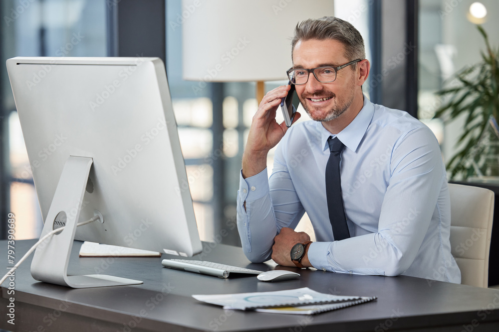 Wall mural mature, business and man with phone call in office for corporate, communication and company client. 