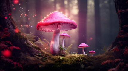 Fantasy magical Mushroom glade and Ladybugs enchanted forest background
