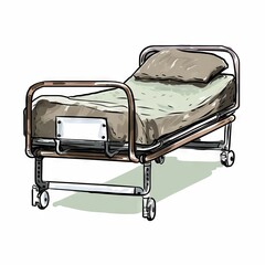 A hospital bed with a pillow and a blanket on it.