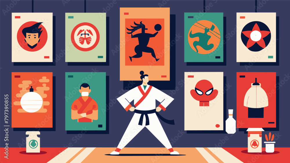 Poster a dojo wall lined with posters of different kata forms serving as a visual reminder of the endless p