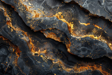  Black marble with golden veins, in a fantasy-inspired style, fantasy art depicting an aerial view, with dark gray and light gold colors. Created with Ai