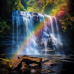 Captivating image capturing a waterfall, known as Color Cascade, where the water shimmers with vivid, prismatic colors reflecting the sunlight 
