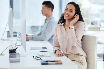 Call center, desk and portrait of consultant woman in telemarketing office for online assistance or...