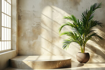 3D product stage, podium, minimalist, single level, stone texture on the wall, tropical plants in pots. Created with Ai
