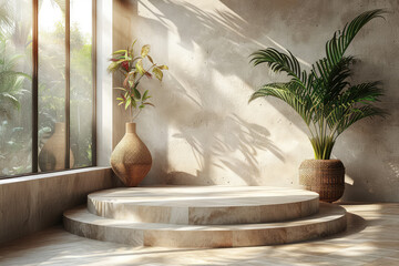  3D product stage, podium, minimalist, single level, in the left side there is a round stone platform with tropical plants and vases. Created with Ai 