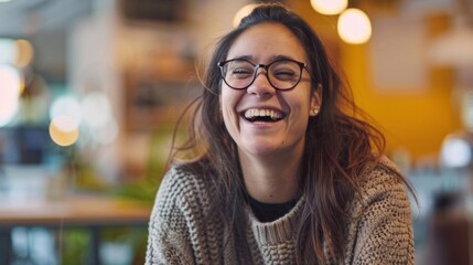 Capturing a moment of pure joy, a person laughs wholeheartedly, complemented by chic glasses and a comfortable sweater. - obrazy, fototapety, plakaty