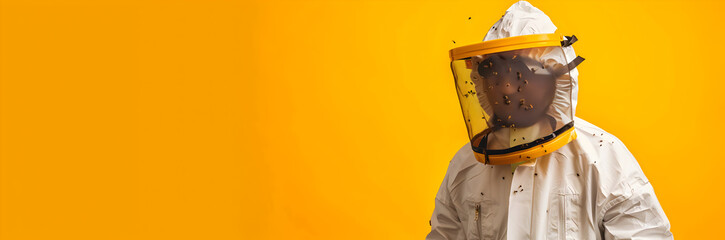 Protective suit beekeeper assistant web banner. Beekeeper assistant in protective suit isolated on orange background with space for text.