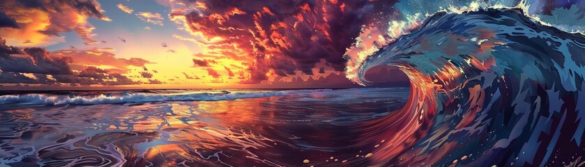 A breathtaking view of a majestic ocean wave curling under a vibrant sunset sky, with reflections on the water's surface. - obrazy, fototapety, plakaty