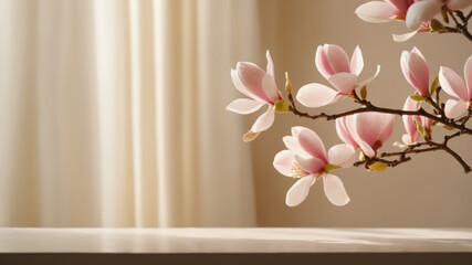 Close-up of an empty white tabletop against a blooming magnolia branch. Pastel floral background with copy space. Delicate composition for product placement or montage with focus on tabletop.