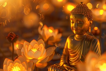 Artistic representation of a golden Buddha statue surrounded by glowing lotus flowers, evoking peace and spirituality.