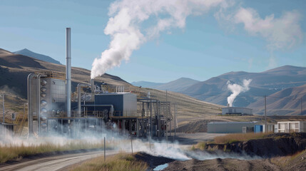 Geothermal power plant amidst mountains harnessing Earth s energy