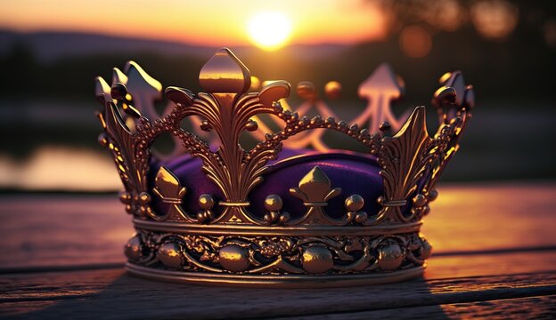 A golden crown with purple lining is sitting on a wooden table outdoors. The sun is setting in the background.