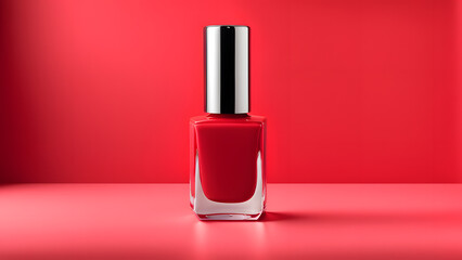 A bottle of red nail polish sits on a table