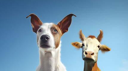 a close up a dog and goat face nature animals photography on a blue sky background - obrazy, fototapety, plakaty