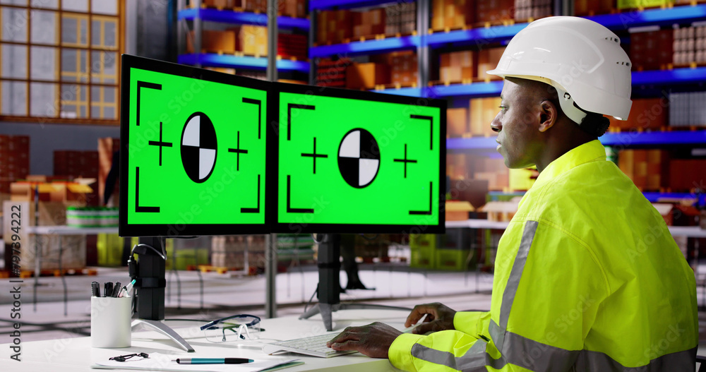 Aufkleber engineer using pc monitor with green screen