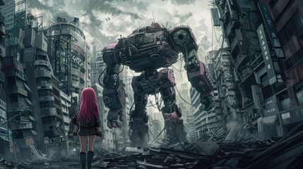 Anime style girl is looking at a city destroyed by a future robot war Background wallpaper AI generated image - obrazy, fototapety, plakaty