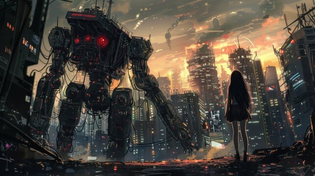 Anime style girl is looking at a city destroyed by a future robot war Background wallpaper AI generated image