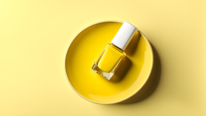 A bottle of nail polish is sitting on a yellow plate