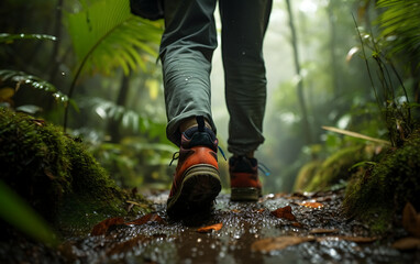 Hiking boots on the trail in the forest. Travel concept.