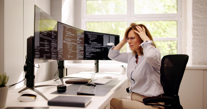 Unhappy Sad Developer Programmer Woman In Stress Coding Software