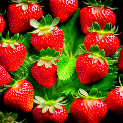 Strawberries bright red and shiny with green stems and leaves artfully arranged in a heart
