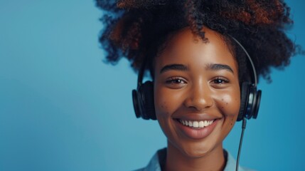 A woman with curly hair is smiling and wearing headphones