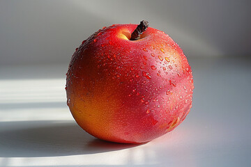 A succulent ripe mango, its golden skin glistening in the sunlight against a pristine white backdrop.