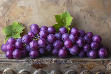 A luscious bunch of purple grapes, each globe bursting with flavor, showcased elegantly against a neutral canvas.