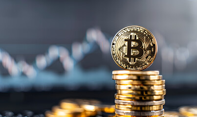 A prominent Bitcoin token stands out against a backdrop of shimmering golden bokeh, symbolizing wealth and digital currency